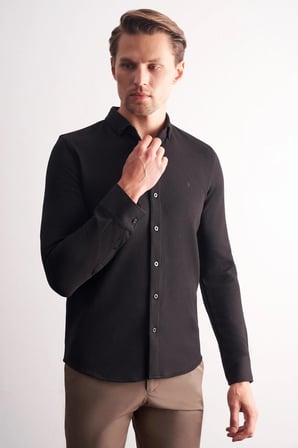 Siyah Uzun Kol Düğmeli Yaka Kendinden Desenli Pamuklu Slim Fit Gömlek 1004255267
