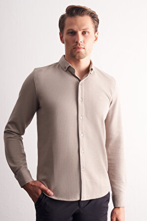 Taş Rengi Uzun Kol Düğmeli Yaka Kendinden Desenli Pamuklu Slim Fit Gömlek 1004255267