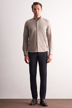 Taş Rengi Uzun Kol Düğmeli Yaka Kendinden Desenli Pamuklu Slim Fit Gömlek 1004255267