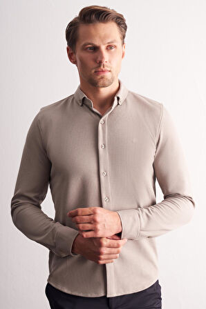 Taş Rengi Uzun Kol Düğmeli Yaka Kendinden Desenli Pamuklu Slim Fit Gömlek 1004255267