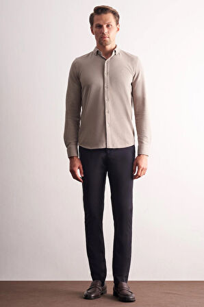 Taş Rengi Uzun Kol Düğmeli Yaka Kendinden Desenli Pamuklu Slim Fit Gömlek 1004255267