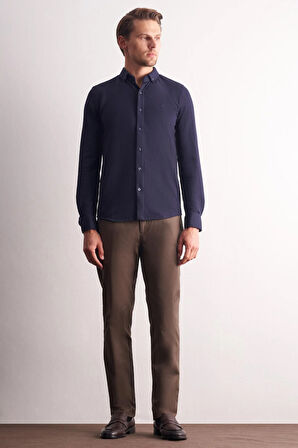 Lacivert Uzun Kol Düğmeli Yaka Kendinden Desenli Pamuklu Slim Fit Gömlek 1004255267