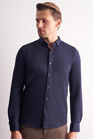 Lacivert Uzun Kol Düğmeli Yaka Kendinden Desenli Pamuklu Slim Fit Gömlek 1004255267
