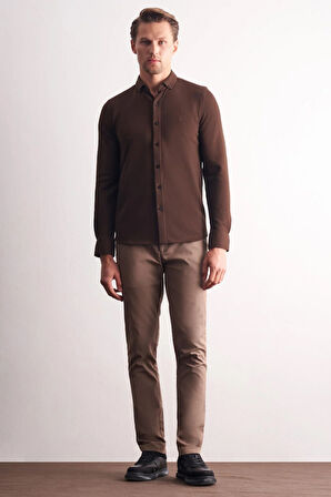 Kahverengi Uzun Kol Düğmeli Yaka Kendinden Desenli Pamuklu Slim Fit Gömlek 1004255267