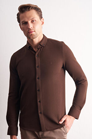 Kahverengi Uzun Kol Düğmeli Yaka Kendinden Desenli Pamuklu Slim Fit Gömlek 1004255267