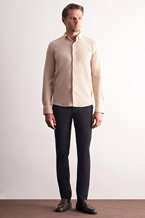 Bej Uzun Kol Düğmeli Yaka Kendinden Desenli Pamuklu Slim Fit Gömlek 1004255267