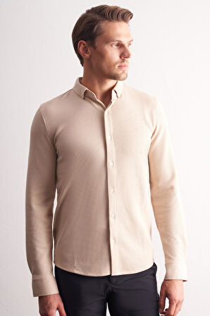Bej Uzun Kol Düğmeli Yaka Kendinden Desenli Pamuklu Slim Fit Gömlek 1004255267