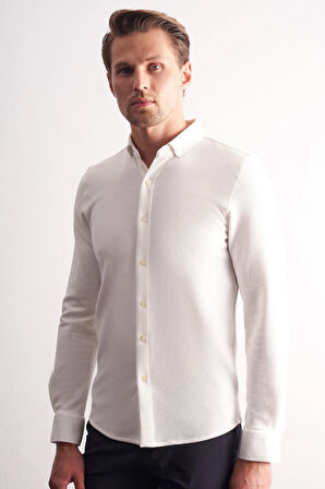 Ekru Uzun Kol Düğmeli Yaka Kendinden Desenli Pamuklu Slim Fit Gömlek 1004255267