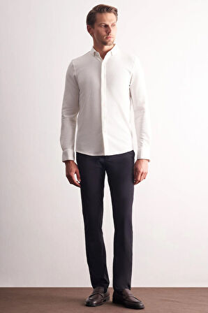 Ekru Uzun Kol Düğmeli Yaka Kendinden Desenli Pamuklu Slim Fit Gömlek 1004255267