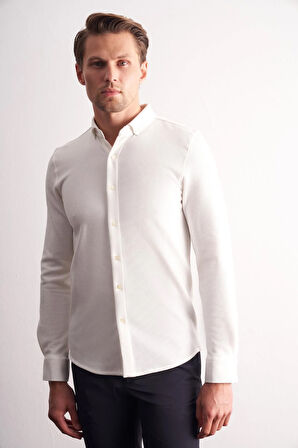 Ekru Uzun Kol Düğmeli Yaka Kendinden Desenli Pamuklu Slim Fit Gömlek 1004255267