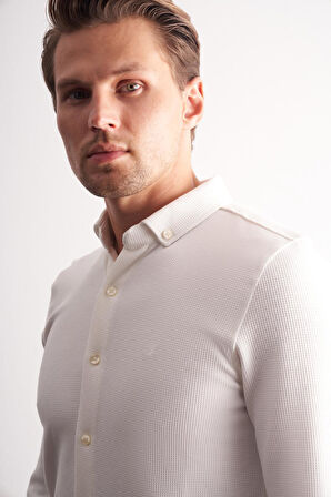 Ekru Uzun Kol Düğmeli Yaka Kendinden Desenli Pamuklu Slim Fit Gömlek 1004255267