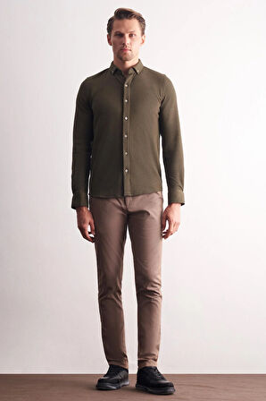 Haki Uzun Kol Düğmeli Yaka Kendinden Desenli Pamuklu Slim Fit Gömlek 1004255267