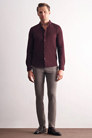Bordo Uzun Kol Düğmeli Yaka Kendinden Desenli Pamuklu Slim Fit Gömlek 1004255267