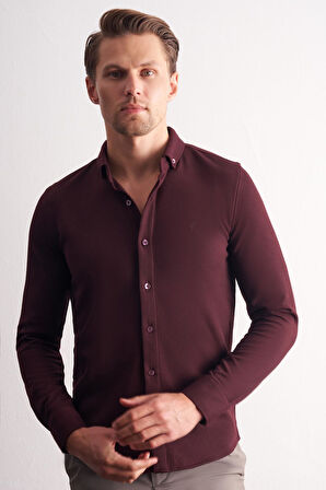 Bordo Uzun Kol Düğmeli Yaka Kendinden Desenli Pamuklu Slim Fit Gömlek 1004255267