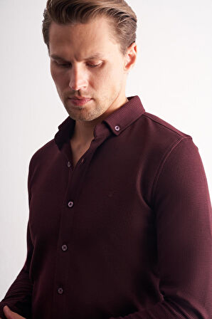 Bordo Uzun Kol Düğmeli Yaka Kendinden Desenli Pamuklu Slim Fit Gömlek 1004255267