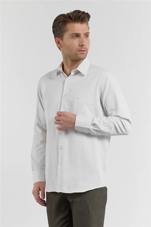 Bej Çizgili Desen Sert Yaka Uzun Kol Cepli Comfort Fit Pamuklu Gömlek 1004255268