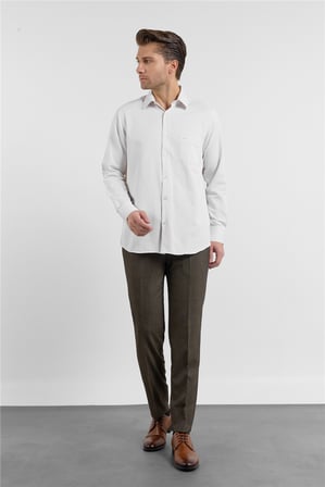 Bej Çizgili Desen Sert Yaka Uzun Kol Cepli Comfort Fit Pamuklu Gömlek 1004255268