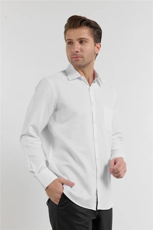 Beyaz Çizgili Desen Sert Yaka Uzun Kol Cepli Comfort Fit Pamuklu Gömlek 1004255268