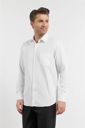 Beyaz Çizgili Desen Sert Yaka Uzun Kol Cepli Comfort Fit Pamuklu Gömlek 1004255268
