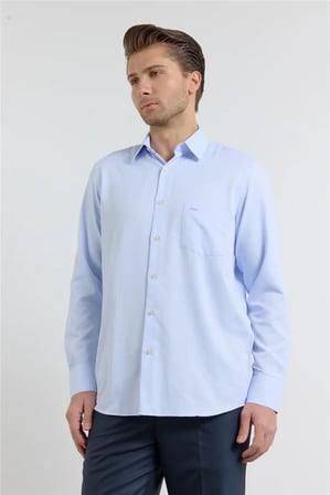Mavi Kendinden Desenli Sert Yaka Uzun Kol Cepli Comfort Fit Pamuklu Gömlek 1004255269