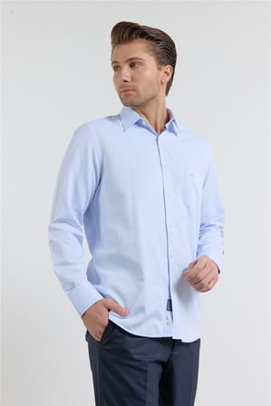 Mavi Dokulu Sert Yaka Uzun Kol Cepli Comfort Fit Pamuklu Gömlek 1004255269