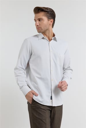 Bej Dokulu Sert Yaka Uzun Kol Cepli Comfort Fit Pamuklu Gömlek 1004255269