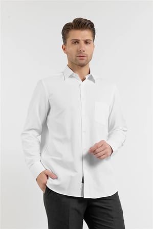 Beyaz Kendinden Desenli Sert Yaka Uzun Kol Cepli Comfort Fit Pamuklu Gömlek 1004255269