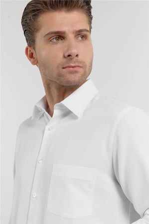 Beyaz Kendinden Desenli Sert Yaka Uzun Kol Cepli Comfort Fit Pamuklu Gömlek 1004255269