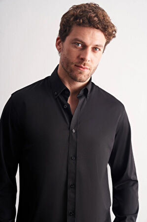 Siyah Düğmeli Yaka Örme Uzun Kol Performans Ürün Slim Fit Esnek Gömlek 1004255270