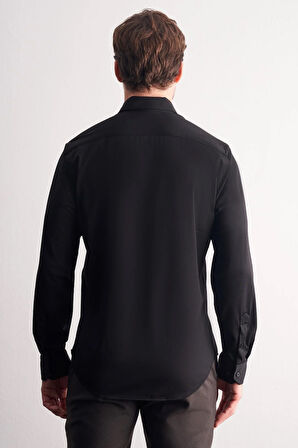 Siyah Düğmeli Yaka Örme Uzun Kol Performans Ürün Slim Fit Esnek Gömlek 1004255270