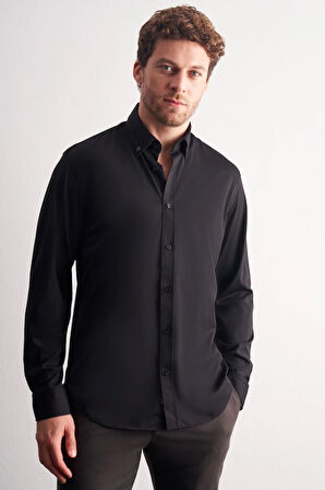 Siyah Düğmeli Yaka Örme Uzun Kol Performans Ürün Slim Fit Esnek Gömlek 1004255270