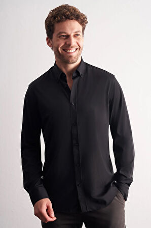 Siyah Düğmeli Yaka Örme Uzun Kol Performans Ürün Slim Fit Esnek Gömlek 1004255270