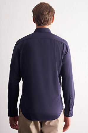 Lacivert Düğmeli Yaka Örme Uzun Kol Performans Ürün Slim Fit Esnek Gömlek 1004255270