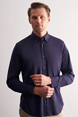 Lacivert Düğmeli Yaka Örme Uzun Kol Performans Ürün Slim Fit Esnek Gömlek 1004255270