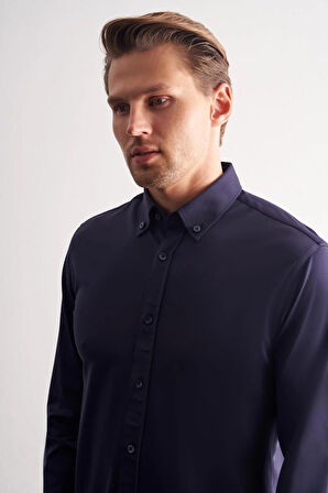 Lacivert Düğmeli Yaka Örme Uzun Kol Performans Ürün Slim Fit Esnek Gömlek 1004255270