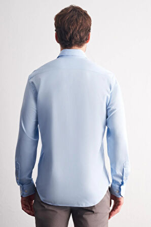 Mavi Düğmeli Yaka Örme Uzun Kol Performans Ürün Slim Fit Esnek Gömlek 1004255270