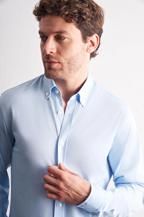 Mavi Düğmeli Yaka Örme Uzun Kol Performans Ürün Slim Fit Esnek Gömlek 1004255270