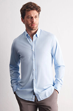 Mavi Düğmeli Yaka Örme Uzun Kol Performans Ürün Slim Fit Esnek Gömlek 1004255270