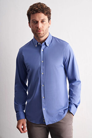 Koyu Mavi Düğmeli Yaka Örme Uzun Kol Performans Ürün Slim Fit Esnek Gömlek 1004255270