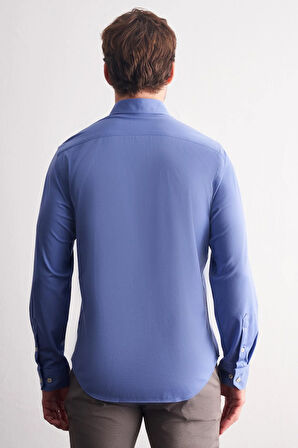 Koyu Mavi Düğmeli Yaka Örme Uzun Kol Performans Ürün Slim Fit Esnek Gömlek 1004255270