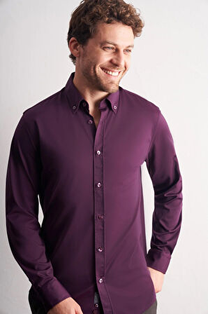 Mor Düğmeli Yaka Örme Uzun Kol Performans Ürün Slim Fit Esnek Gömlek 1004255270