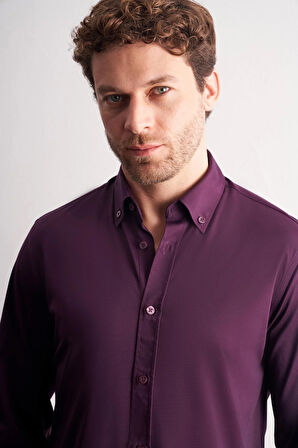 Mor Düğmeli Yaka Örme Uzun Kol Performans Ürün Slim Fit Esnek Gömlek 1004255270