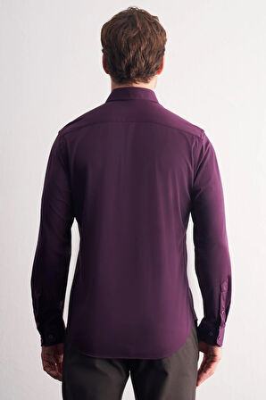 Mor Düğmeli Yaka Örme Uzun Kol Performans Ürün Slim Fit Esnek Gömlek 1004255270