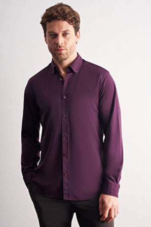 Mor Düğmeli Yaka Örme Uzun Kol Performans Ürün Slim Fit Esnek Gömlek 1004255270