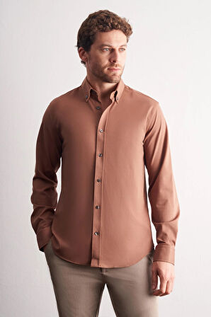 Vizon Düğmeli Yaka Örme Uzun Kol Performans Ürün Slim Fit Esnek Gömlek 1004255270