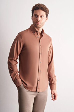 Vizon Düğmeli Yaka Örme Uzun Kol Performans Ürün Slim Fit Esnek Gömlek 1004255270