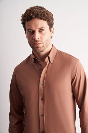 Vizon Düğmeli Yaka Örme Uzun Kol Performans Ürün Slim Fit Esnek Gömlek 1004255270