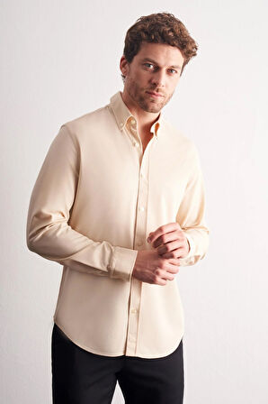 Bej Düğmeli Yaka Örme Uzun Kol Performans Ürün Slim Fit Esnek Gömlek 1004255270