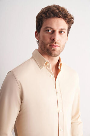 Bej Düğmeli Yaka Örme Uzun Kol Performans Ürün Slim Fit Esnek Gömlek 1004255270