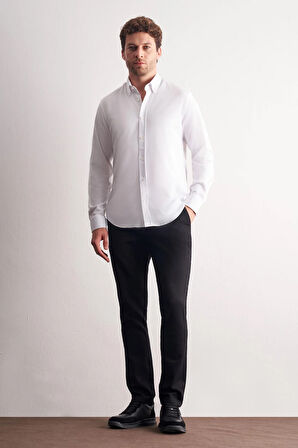 Beyaz Düğmeli Yaka Örme Uzun Kol Performans Ürün Slim Fit Esnek Gömlek 1004255270